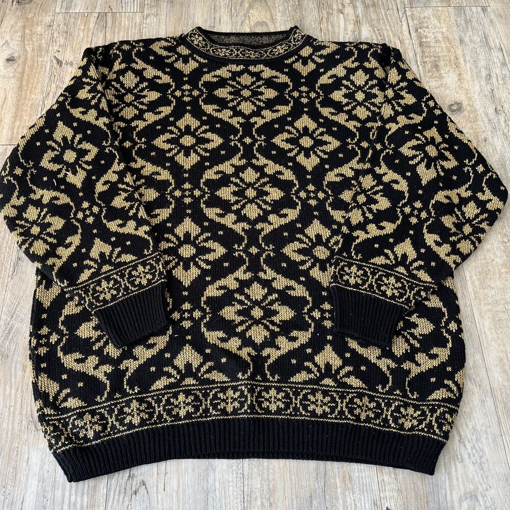 Alfred Dunner Gold and Black Vintage Knit Sweater Women's Medium Oversized